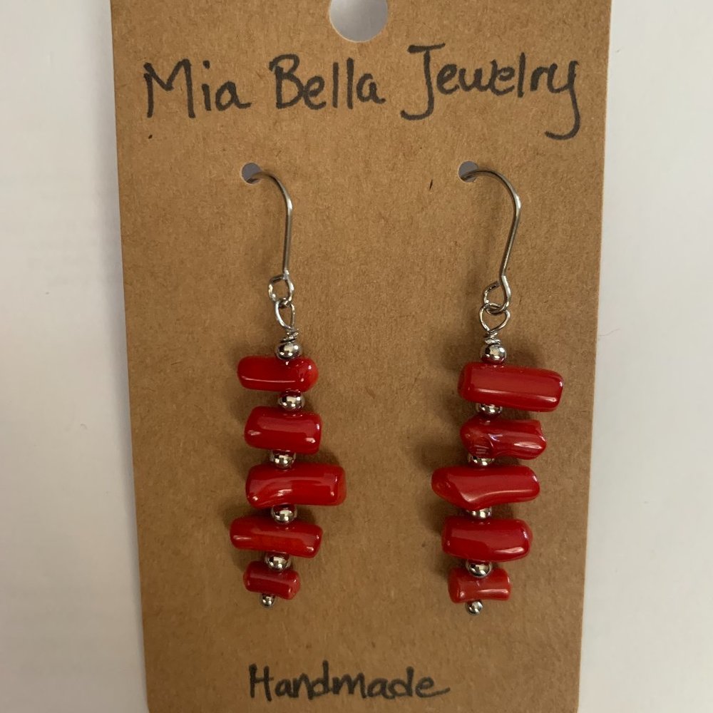 Genuine stones Red Coral Chip Dangle Earrings with Stainless Steel Ear wire